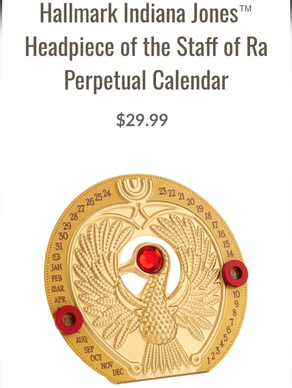 Hallmark Indiana Jones Gold Staff of Ra Perpetual Calendar with Red Accents New